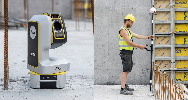 Construction worker using the Leica iCON iCS50 and Leica iCON vPole to layout points on construction site.